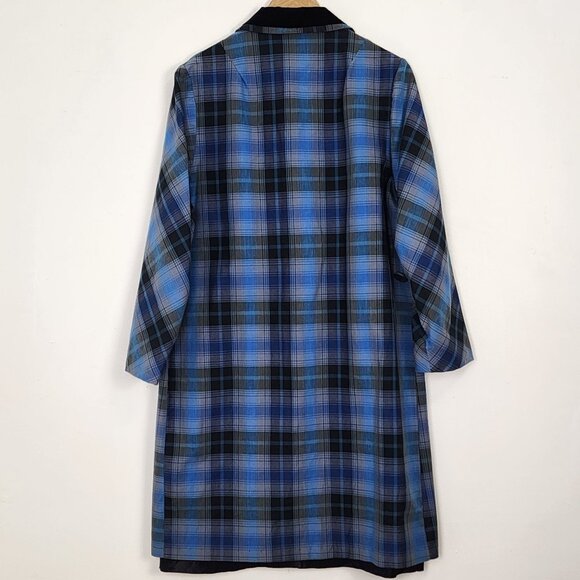Vtg 60s Blue Shadow Plaid Lightweight Long Coat Black Velvet Collar Union Made - Picture 2 of 15